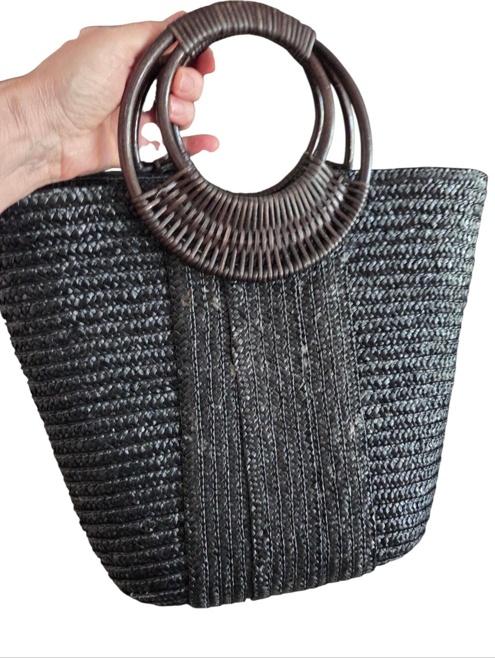 Black Woven Straw Tote with Round Wooden Handles